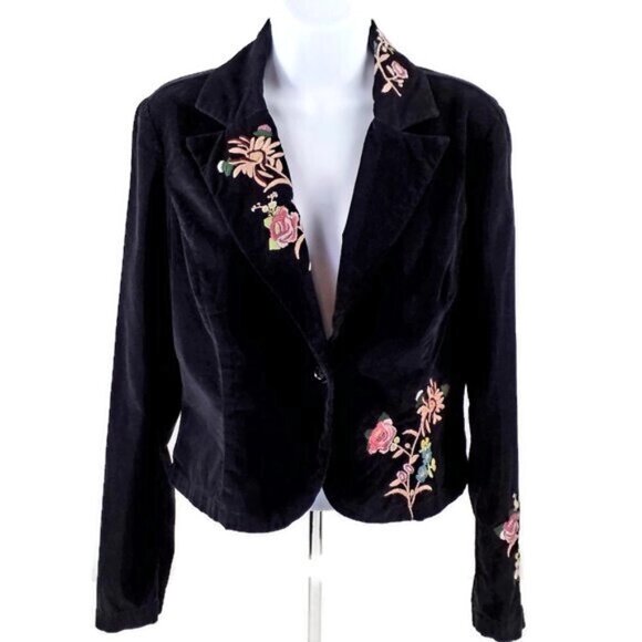 Bisou Bisou Black Small Wale Floral Embroidered Corduroy Jacket Womens Large - Picture 1 of 10